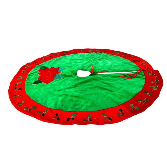 VTG Poinsettia Christmas Tree Skirt Red Green Holly Embroidered Flower L… - Picture 5 of 12